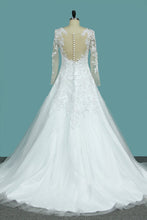 Load image into Gallery viewer, 2024 Tulle Wedding Dresses Scoop Long Sleeves A Line With Applique Court Train