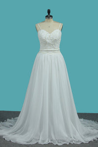 2024 A Line Spaghetti Straps Chiffon Wedding Dresses With Applique