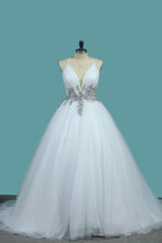 Load image into Gallery viewer, 2023 A Line Spaghetti Straps Wedding Dresses Tulle With Beads Open Back