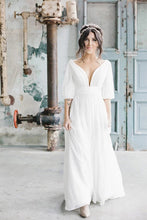 Load image into Gallery viewer, Simple A Line Ivory Chiffon V Neck Wedding Dresses Half Sleeves Long Wedding SRSP42YQLZ1