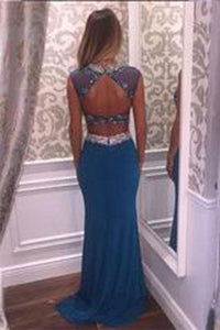 Two Pieces Beading Charming Open Back Blue High Neck Mermaid Long Prom Dresses L47