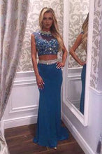Load image into Gallery viewer, Two Pieces Beading Charming Open Back Blue High Neck Mermaid Long Prom Dresses L47