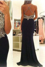 Load image into Gallery viewer, Halter Beading Mermaid Sexy Real Made Criss Cross Scoop Sleeveless Prom Dresses L09