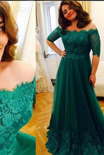 Load image into Gallery viewer, Princess Green Lace Short Sleeve A Line Tulle Vintage Plus Size Evening Formal Dresses RS689