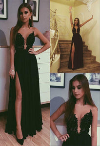 A Line Black Beads Chiffon Prom Dresses with Appliques Split Long Evening SRS20380