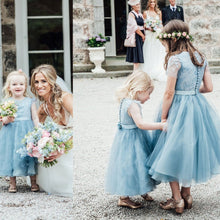 Load image into Gallery viewer, A-Line Mid-Calf Blue Lace Top Tulle Scoop Sleeveless Cheap Junior Flower Girl Dress RS528