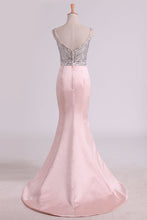 Load image into Gallery viewer, 2024 Spaghetti Straps Mermaid Prom Dresses Satin With Beading Sweep Train