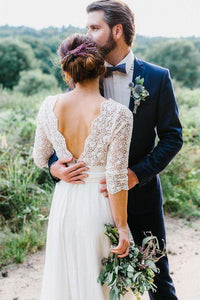 3/4 Sleeve See Through Backless Lace Wedding Gowns Chiffon Rustic Wedding Dresses RS815