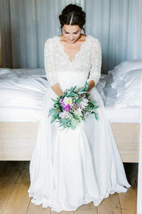 3/4 Sleeve See Through Backless Lace Wedding Gowns Chiffon Rustic Wedding Dresses RS815