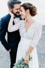 Load image into Gallery viewer, 3/4 Sleeve See Through Backless Lace Wedding Gowns Chiffon Rustic Wedding Dresses RS815