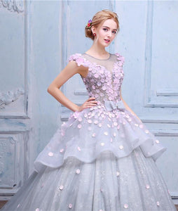 Scoop Ball Gown Gray Tulle Sleeveless Bowknot Empire Waist Wedding Dress with Pink Flowers RS576