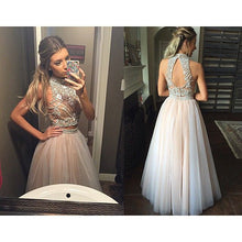 Load image into Gallery viewer, New Style Sexy Two Piece silver beaded bodice High Neck Tulle Skirts Champagne Prom Dress RS103