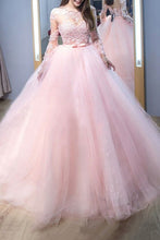 Load image into Gallery viewer, 2024 Pink Ball Gown Jewel Long Sleeves Sweep/Brush Train Lace Tulle Evening Dresses