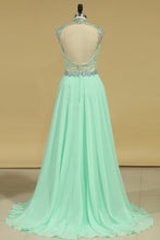 Load image into Gallery viewer, 2024 A Line High Neck Prom Dresses Chiffon With Beads And Applique Open Back