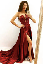 Load image into Gallery viewer, Elegant A line Strapless V Neck Burgundy Beads Prom Dresses with Slit, Party SRS15640