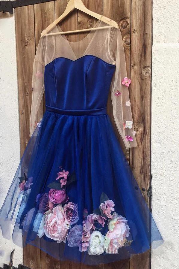 Unique Long Sleeve Blue Short Prom Dresses With 3D Appliques, Homecoming Dress SRS15604