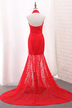 Load image into Gallery viewer, 2024 Mermaid High Neck Prom Dresses Lace With Slit Sweep Train
