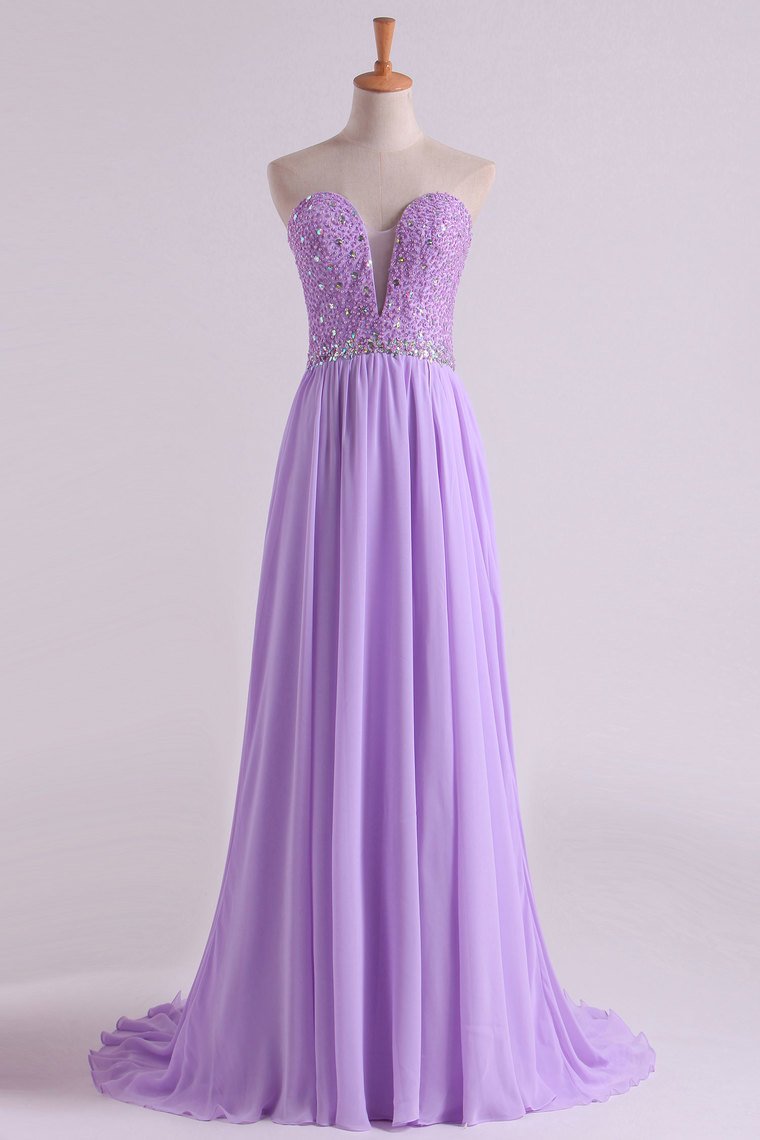 2023 Sweetheart Beaded Bodice Prom Dresses Chiffon With Slit A Line