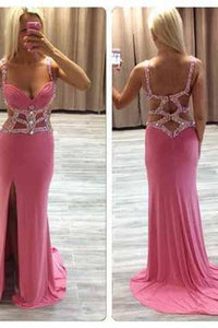 Sexy Mermaid Beaded See Through Long V-Neck Pink Custom Prom Dresses RS958