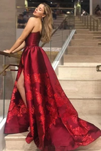 Load image into Gallery viewer, Unique A Line Strapless Burgundy Satin Prom Dresses With Appliques Formal SRSPYZN65CB