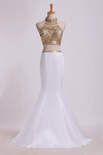 Load image into Gallery viewer, 2024 Two Pieces Beaded Bodice High Neck Prom Dresses Trumpet Sweep Train