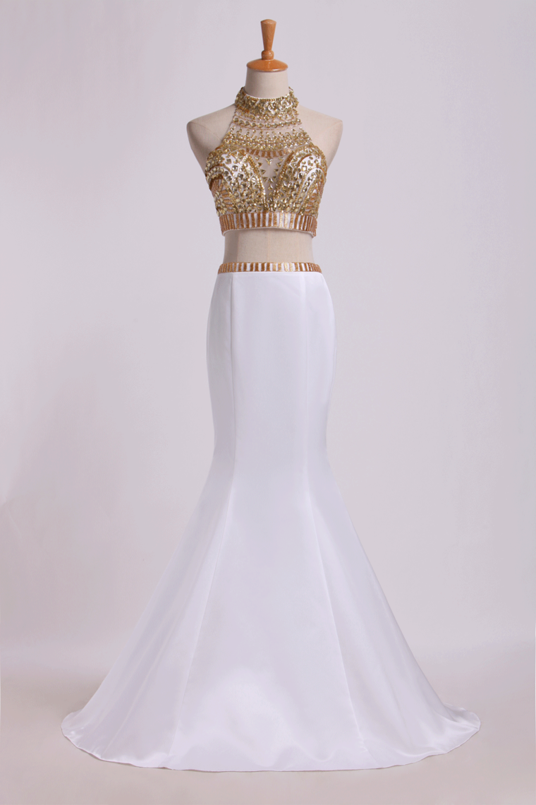 2024 Two Pieces Beaded Bodice High Neck Prom Dresses Trumpet Sweep Train