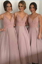 Load image into Gallery viewer, Dusty Rose Long Sleeveless A-line V-neck Open Back Beading Bridesmaid Dress BD2010
