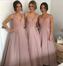 Load image into Gallery viewer, Dusty Rose Long Sleeveless A-line V-neck Open Back Beading Bridesmaid Dress BD2010