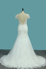 Load image into Gallery viewer, 2024 Short Sleeves V-Neck Tulle Mermaid/Trumpet Wedding Dresses With Applique