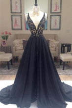 Load image into Gallery viewer, Charming Long A-Line V-Neck Black Lace Prom Dresses Party Dresses