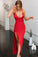 Simple Spaghetti Straps Red Mermaid V Neck Prom Dress with High Slit, Open Back Dance Dress SRS15401