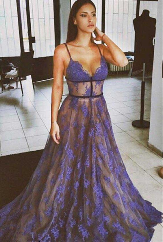 Purple Lace Prom Dresses Spaghettis Straps Nude Lining Long Sexy Evening Gowns RS211