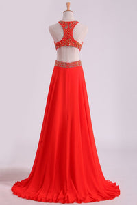 2024 Prom Dresses Scoop A Line Orange Red Chiffon With Beading Sweep Train