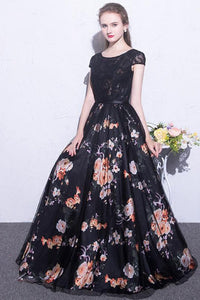 2024 Black Prom Dresses Scoop A-Line Floral Print Sexy Long Lace Prom Dress