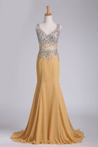 2024 New Arrival Chiffon Prom Dresses Straps With Beading Sweep Train Mermaid