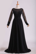Load image into Gallery viewer, 2024 Black Evening Dresses Long Sleeves A Line Chiffon With Applique &amp; Slit