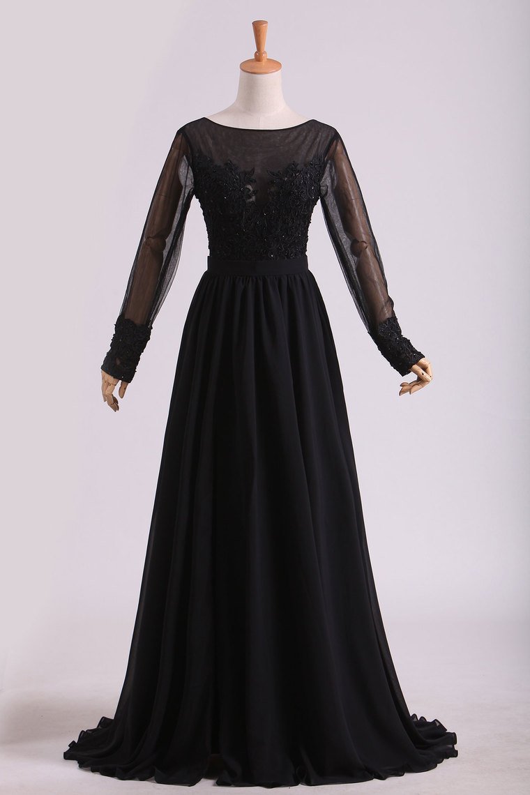 2024 Black Evening Dresses Long Sleeves A Line Chiffon With Applique & Slit
