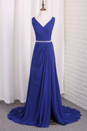 2024 V Neck Bridesmaid Dresses A Line Chiffon With Beads And Slit