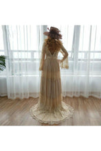 Load image into Gallery viewer, A Line Long Sleeves Deep V Neck Lace Backless Wedding Dresses Long Bridal SRSPBASH993