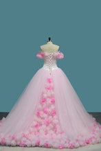 Load image into Gallery viewer, 2024 Tulle Ball Gown Off The Shoulder Quinceanera Dresses With Handmade Flower