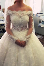 Load image into Gallery viewer, 2023 Ball Gown Boat Neck Tulle With Applique And Beads Long Sleeves Wedding Dresses