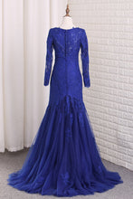 Load image into Gallery viewer, 2024 V Neck Long Sleeves Tulle Prom Dresses With Applique Mermaid
