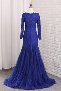 2023 V Neck Long Sleeves Tulle Prom Dresses With Applique Mermaid