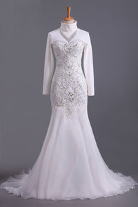 2024 Sweetheart Beaded Bodice Sheath/Column Wedding Dress With Organza Skirt