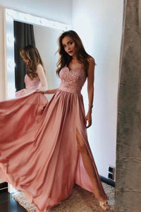 2024 Pink V Neck Long Prom Dresses Lace And Beaded Prom Dress With Slit Evening Dress