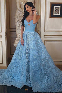 2023 Sweetheart Prom Dresses A Line Lace With Ruffles Court Train