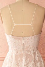 Load image into Gallery viewer, Spaghetti Straps Pink And Ivory Open Back Lace High Low Prom Dresses