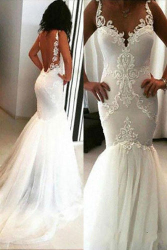 Elegant Mermaid White V Neck Appliques Wedding Dresses, Tulle Beach Wedding Gowns SRS15183