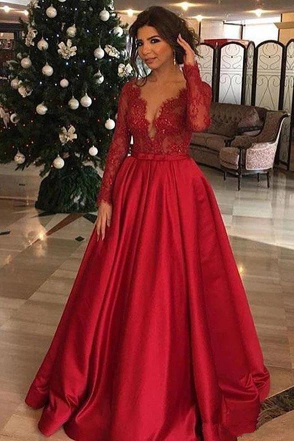 Pearly Se venligst Invitere Buy Elegant Long Sleeve Red Lace Beads Long Prom Dresses, A Line Satin Evening  Dresses SRS15174 Online – rosepromdress