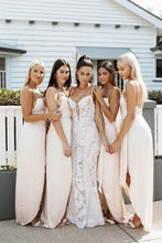 Load image into Gallery viewer, A Line Chiffon Spaghetti Straps Blush Pink Bridesmaid Dresses with Split, Long Prom Dress SRS15486